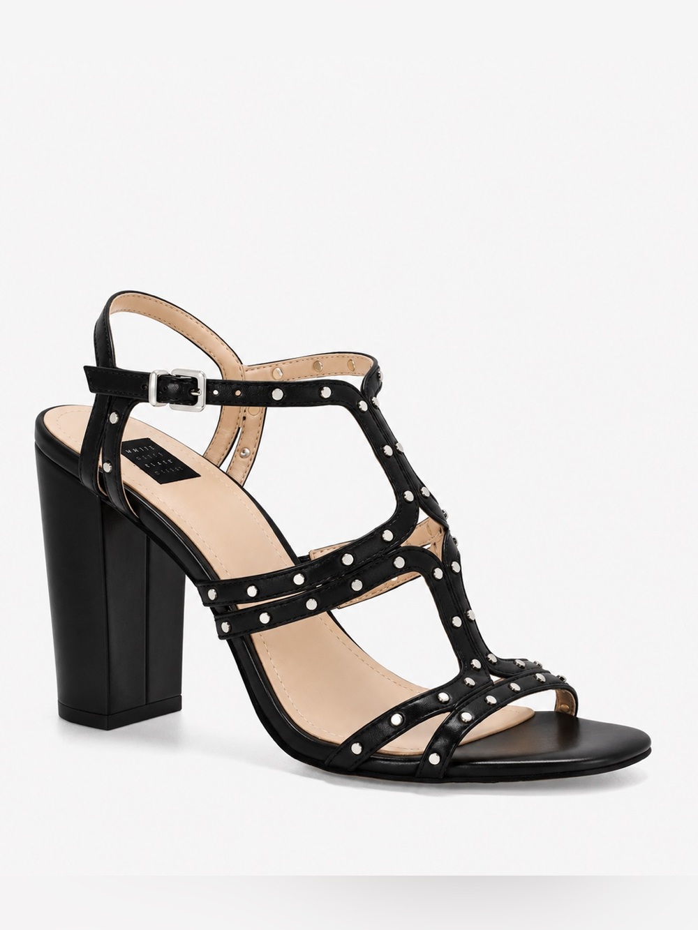 WHBM Studded Black Strappy Block Heel Sandals Studs Size 7 NWT